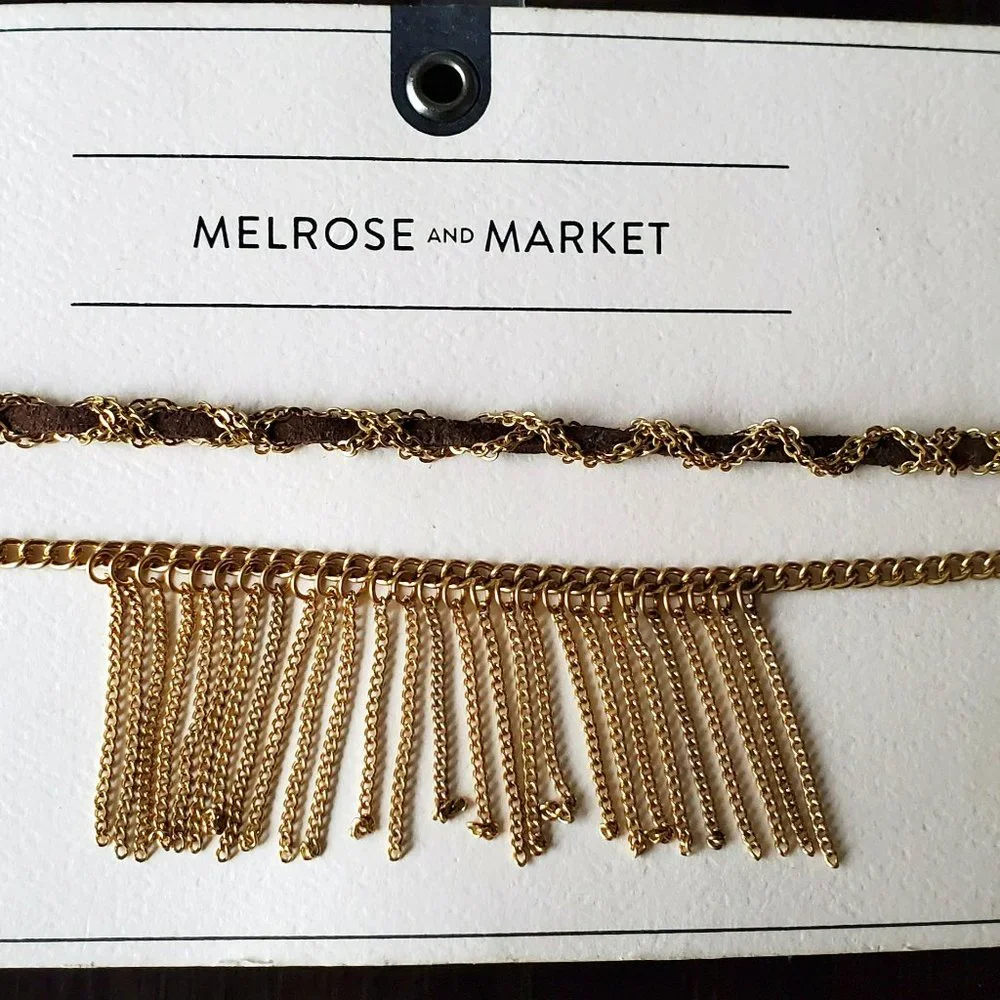 NWT Nordstrom Tribal Boho Festival Gold Chain Leather Choker Fringe Necklace